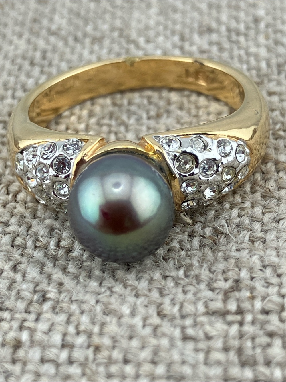Gold Pearl Cocktail Ring with Black-Green Pearl and Crystal Accents